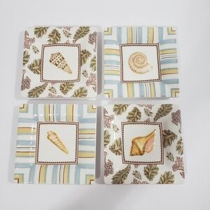 ANNIE Danielson Appetizer Cheese Ceramic Plate Set Seashells Beach House 4 Set
